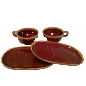 Hull Brown drip ware 2 soup bowls with handles on serving trays